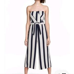 H&M Striped Navy Strapless  Culottes Jumpsuit Bandeau Tie Waist Capri Wide Leg 6